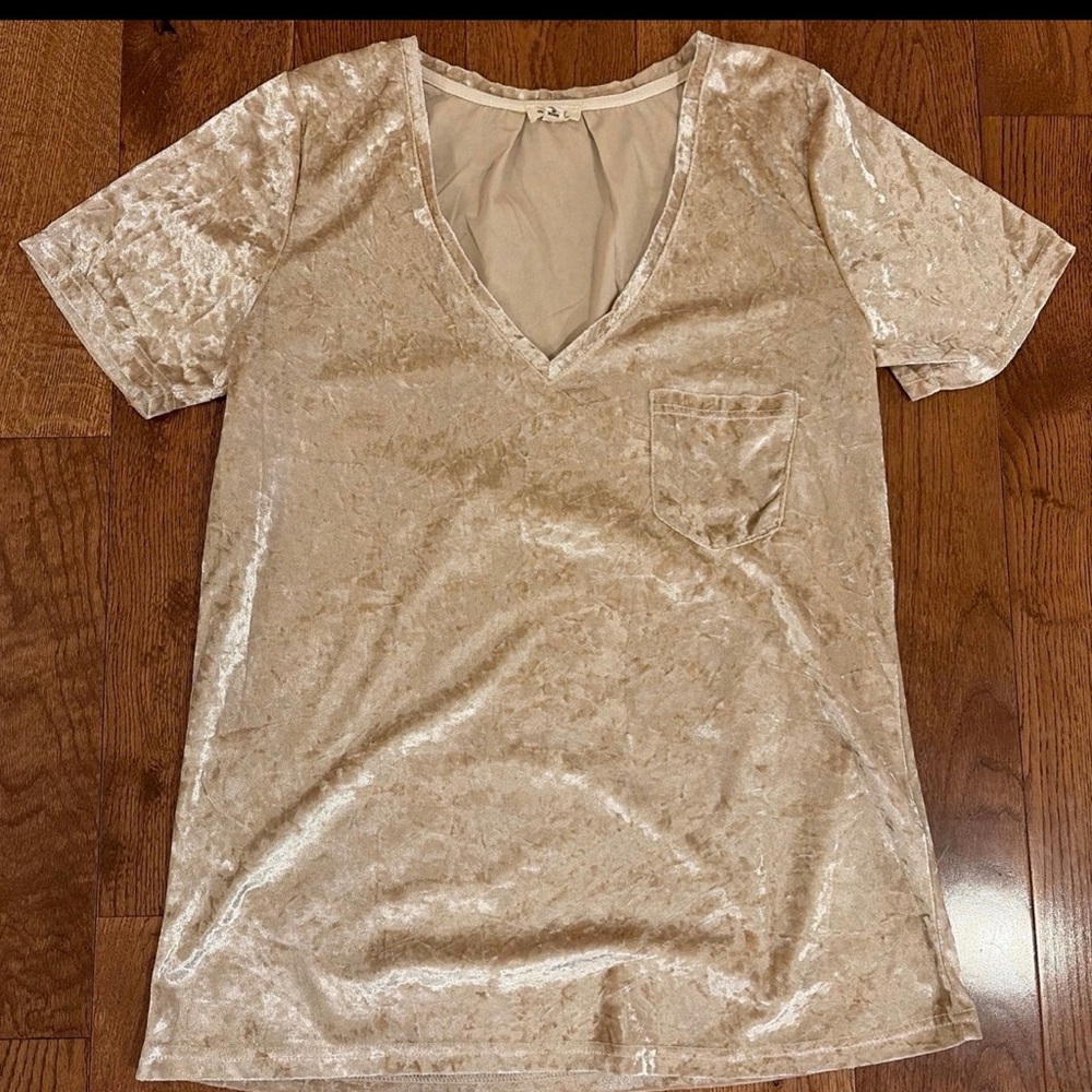 POL Beige Velvet Short Sleeve Top 90s Y2K crushed velvet elegant boho